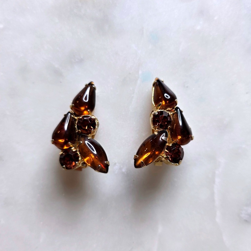 Vte Amber Brown Topaz Clr Cabochon Rhinestone Clip Earrings Gold Tone Unsigned